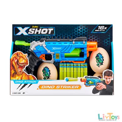X-Shot Скорострельный бластер DINO Striker New (2 средних яйца, 2 маленьких яйца, 16 патронов)