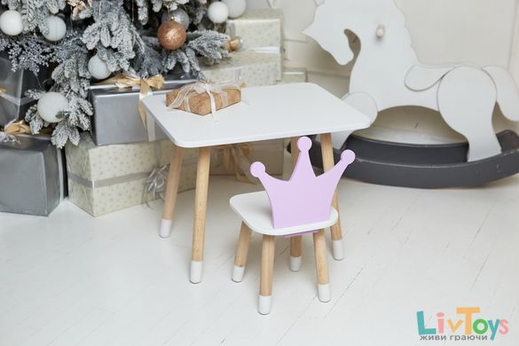 Детский белый прямоугольный столик и стульчик корона фиолетовая. Столик для игр, уроков, еды. Белый столик