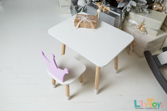 Дитячий білий прямокутний стіл і стільчик фіолетова корона. Столик для ігор, уроків, їжі. Білий столик
