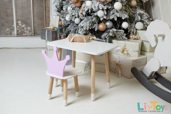 Детский белый прямоугольный столик и стульчик корона фиолетовая. Столик для игр, уроков, еды. Белый столик