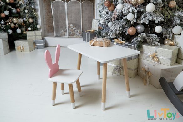 Детский белый прямоугольный столик и стульчик ушки зайки розовые. Столик для игр, уроков, еды. Белый столик