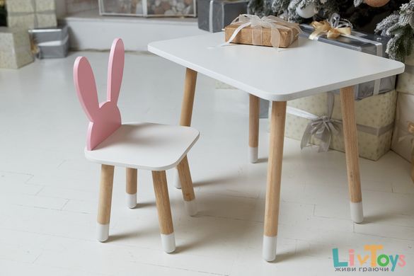 Дитячий білий прямокутний стіл і стільчик вуха зайки рожеві. Столик для ігор, уроків, їжі. Білий столик