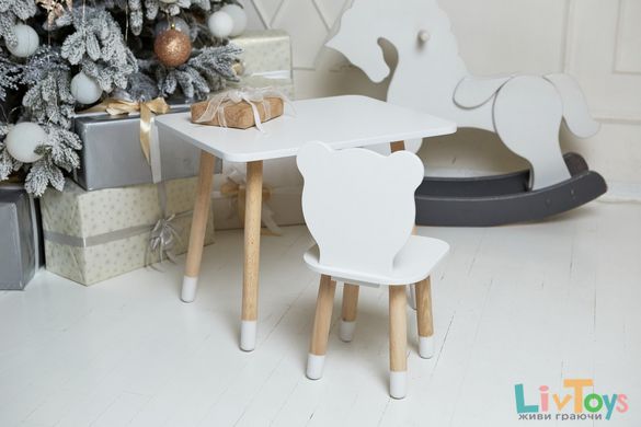 Білий прямокутний столик і стільчик дитячий білосніжний ведмежа. Столик для ігор, малювання, навчання