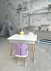 Столик белый с ящиком и стульчик бабочка фиолетовый. Столик для карандашей и раскрасок