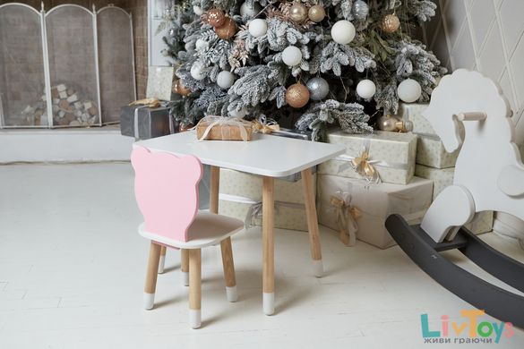 Белый прямоугольный столик и стульчик детский розовый ведмежонок с белым сиденьем. Белый детский столик