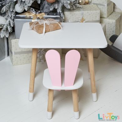 Білий прямокутний столик і стільчик дитячий рожевий зайчик з білим сидінням. Білий дитячий столик