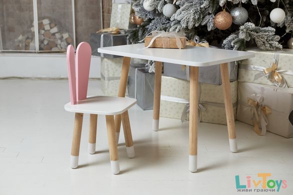 Белый прямоугольный столик и стульчик детский розовый зайчик с белым сиденьем. Белый детский столик