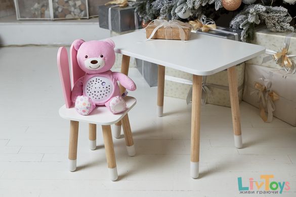 Белый прямоугольный столик и стульчик детский розовый зайчик с белым сиденьем. Белый детский столик