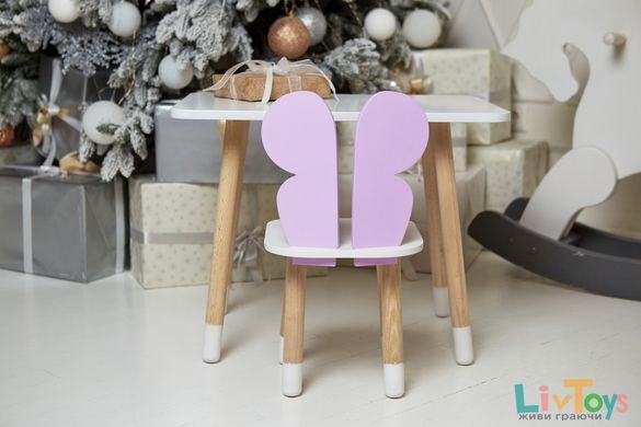 Белый прямоугольный столик и стульчик детский фиолетовый бабочка с белым сидением. Белый детский столик