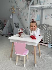 Дитячий Стіл з шухлядою білий  і стільчик ведмедик рожевий. Столик для творчості та гри