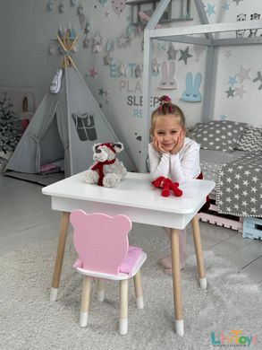 Детский стол с ящиком белый и стульчик мишка розовый. Столик для творчества и игры
