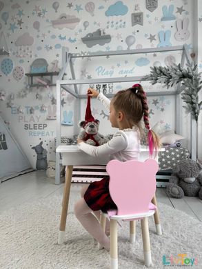 Детский стол с ящиком белый и стульчик мишка розовый. Столик для творчества и игры