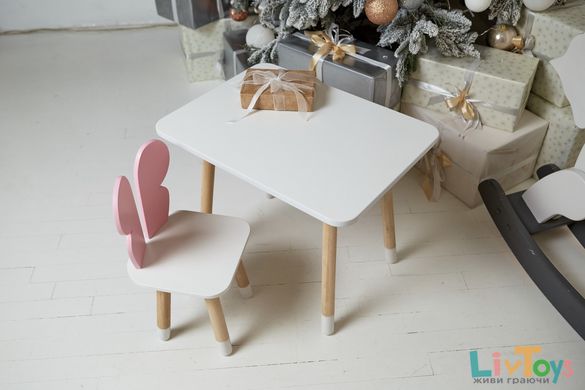 Белый прямоугольный столик и стульчик детский розовый бабочка с белым сидением. Белый детский столик