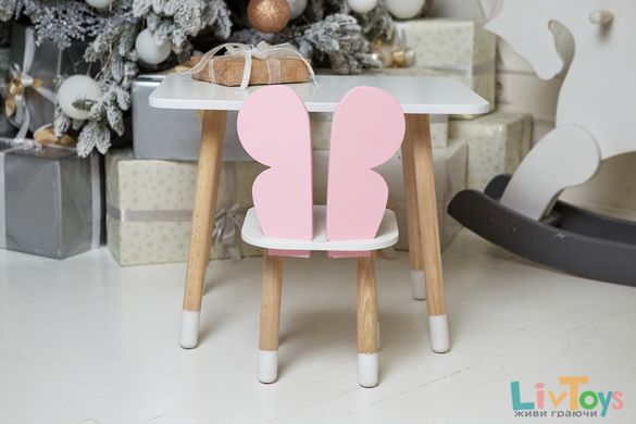 Белый прямоугольный столик и стульчик детский розовый бабочка с белым сидением. Белый детский столик