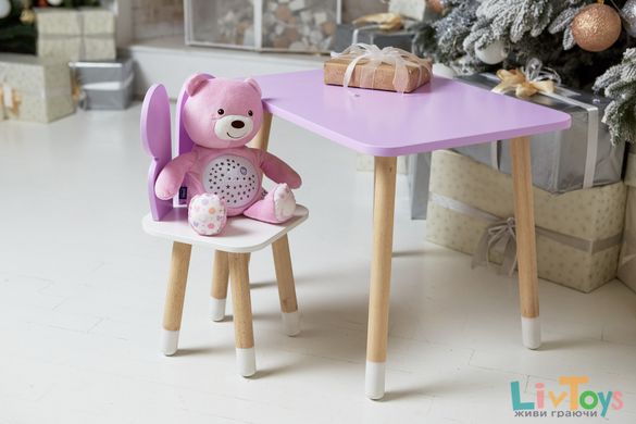 Фиолетовый прямоугольный столик и стульчик детский бабочка с белым сиденьем. Фиолетовый детский столик