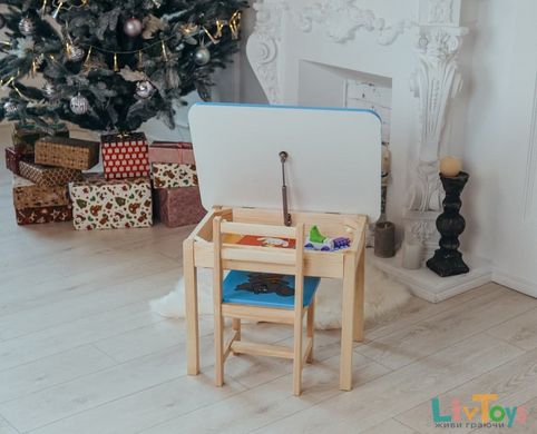 Детский стол и стул синий. Для учебы, рисования, игры. Стол с ящиком и стульчик.