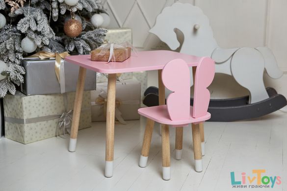 Розовый прямоугольный столик и стульчик детский бабочка. Розовый детский столик