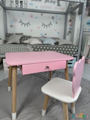 Детский столик  с выдвижным ящиком и стульчик  стульчик мишкой для девочки розовый.