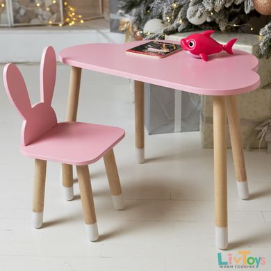 Детский столик тучка и стульчик ушки зайки розовый. Столик для игр, уроков, еды
