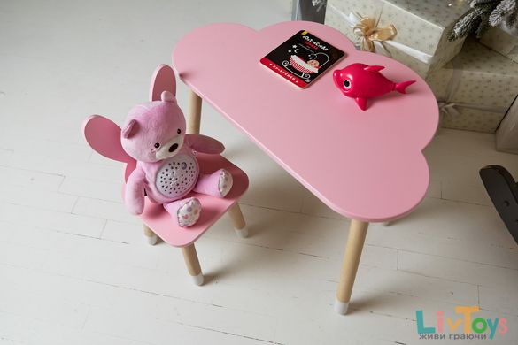 Детский столик тучка и стульчик ушки зайки розовый. Столик для игр, уроков, еды