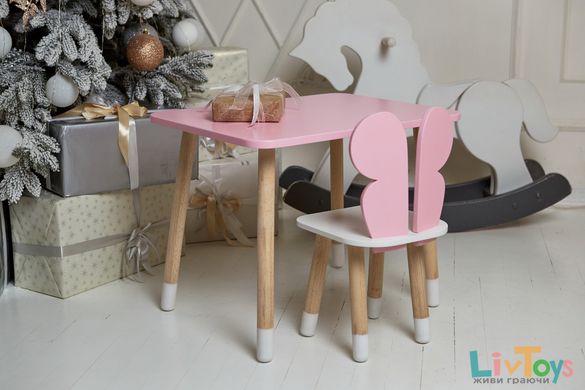 Розовый прямоугольный столик и стульчик детский бабочка с белым сиденьем. Розовый детский столик