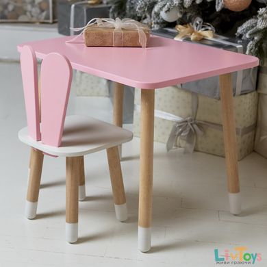 Рожевий прямокутний стіл і стільчик дитячий зайка з білим сидінням. Рожевий дитячий столик