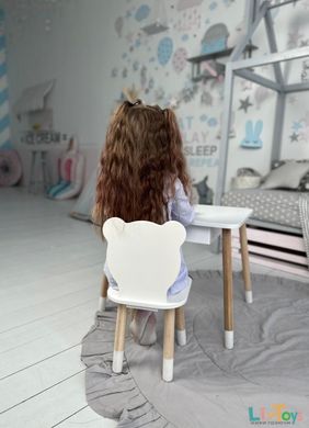 Детский столик с выдвижным ящиком и стульчик белый мишкой .