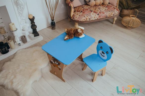 Дитячий стіл синій! Супер подарунок! Столик парта, малюнок зайчик і стільчик дитячий Ведмежатко