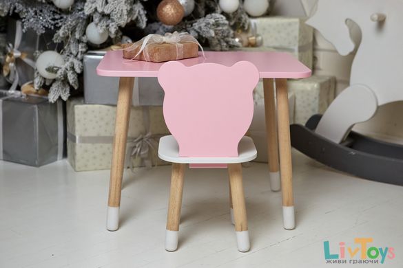 Рожевий стіл та стільчик  ведмежа з білим сидінням для дівчинки. Рожевий дитячий столик