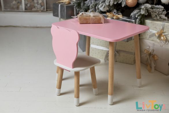 Рожевий стіл та стільчик  ведмежа з білим сидінням для дівчинки. Рожевий дитячий столик