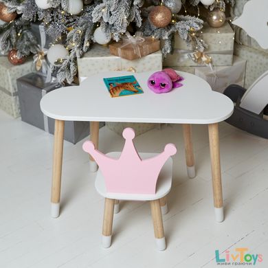 Белый столик тучка и стульчик корона для девочки розовый.
