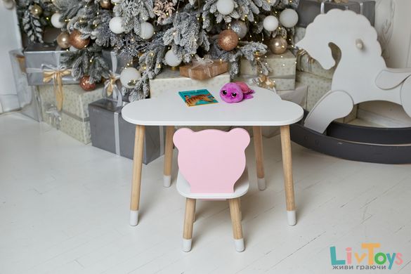 Білий столик хмарка і стільчик ведмедик для дівчинки рожевий від 1,5 до 7 років