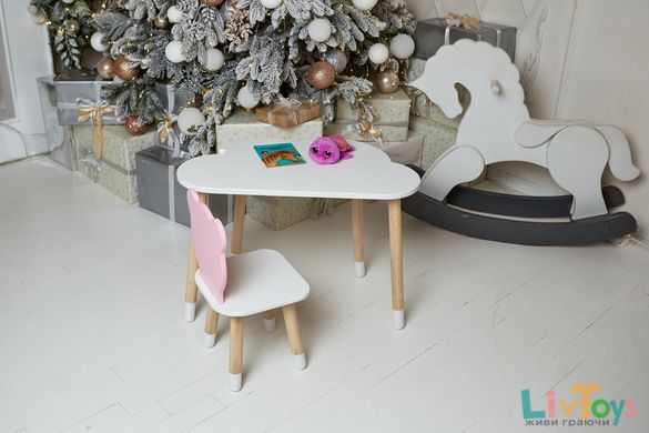 Белый столик тучка и стульчик мишка для девочки розовый. От 1,5 до 7 лет