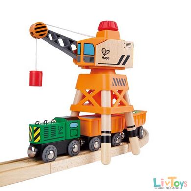 Набір для іграшкової залізниці Hape Підйомний кран та вантажівка (E3715)