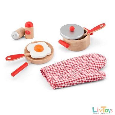 Детский кухонный набор Viga Toys Игрушечная посуда из дерева, красный (50721)