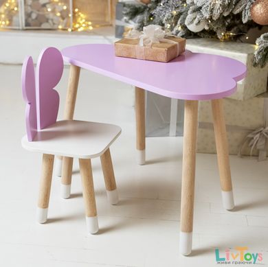 Детский столик тучка и стульчик бабочка фиолетовый с белым сиденьем. Столик для игр, уроков, еды