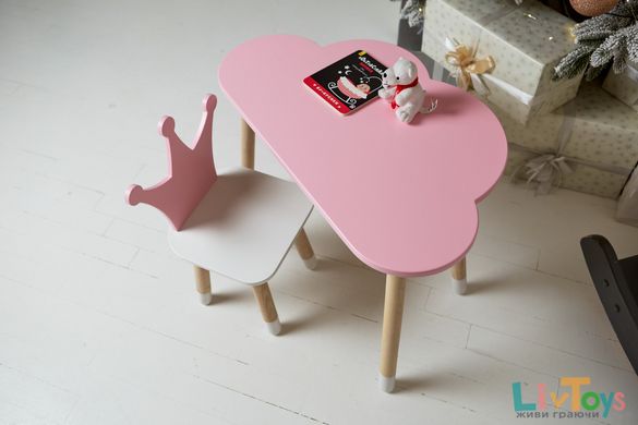 Дитячий столик хмарка і рожевий стільчик коронка з білим сидінням. Столик для ігор, занять, їжі