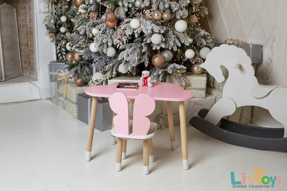 Детский столик тучка и стульчик бабочка розовая с белым сиденьем. Столик для игр, уроков, еды