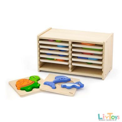 Набор деревянных мини-пазлов Viga Toys со стойкой для хранения, 12 шт. (51423)