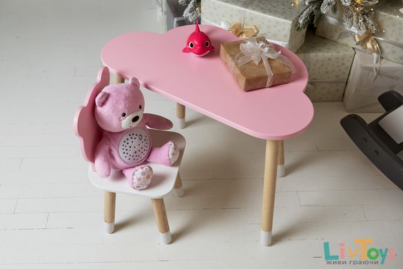 Детский столик тучка и стульчик медвежонок розовые с белым сиденьем. Столик для игр, уроков, еды