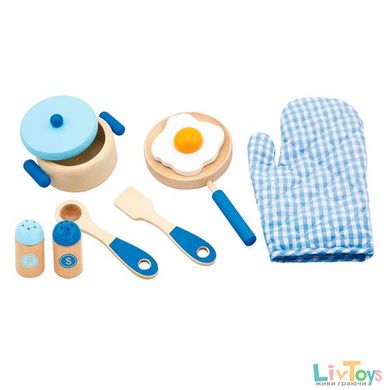 Детский кухонный набор Игрушечная посуда из дерева, голубой Viga Toys (50115)